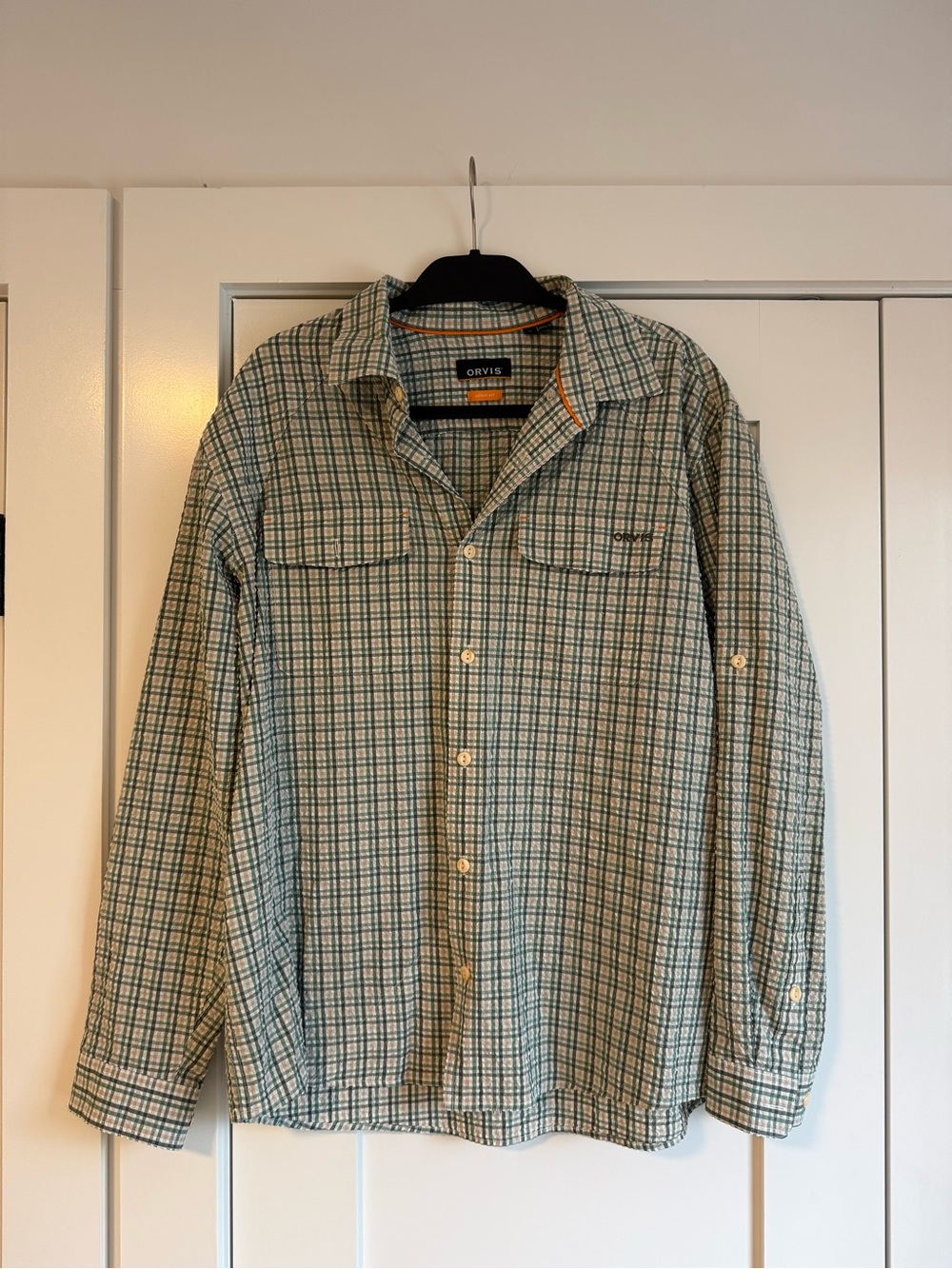 Orvis Green and Cream Men’s Plaid Relaxed Button-Up Shirt with Orange Trim